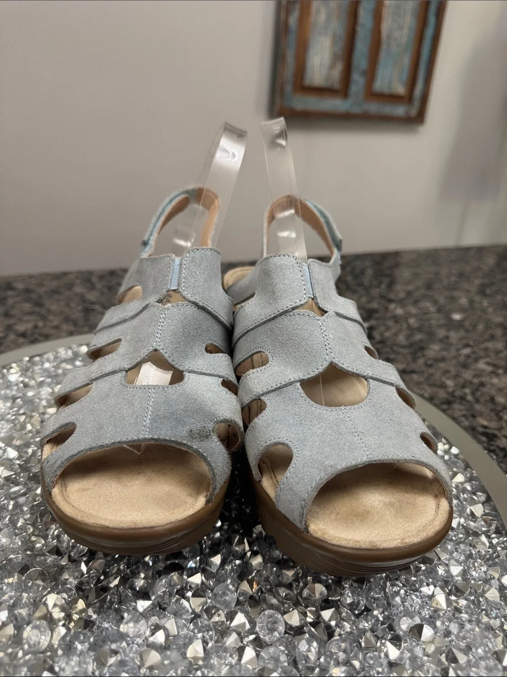 Skechers Light Gray blue Suede Wedge Sandal with Tan Platform 9